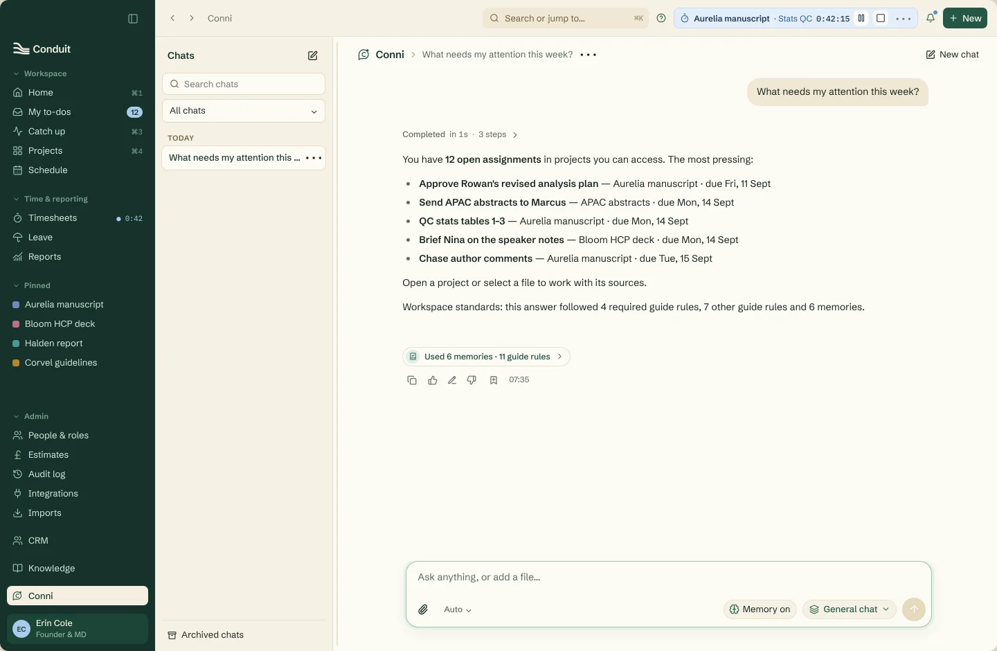Conni answering “What needs my attention this week?” from the projects the user can access