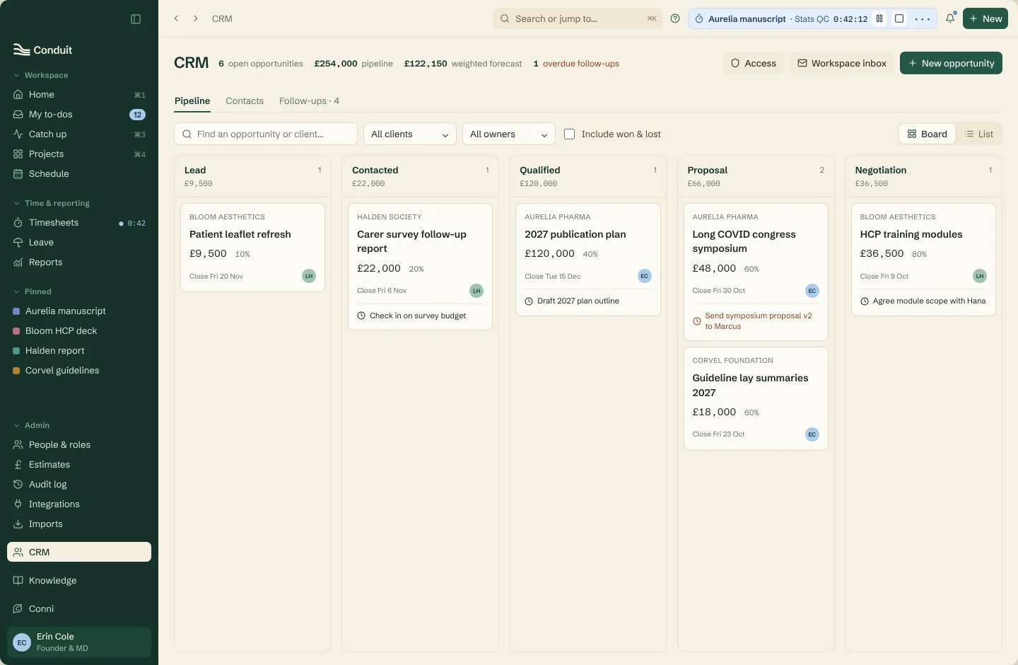The Conduit CRM: the pipeline by stage, with a forwarded client email matched to its opportunity