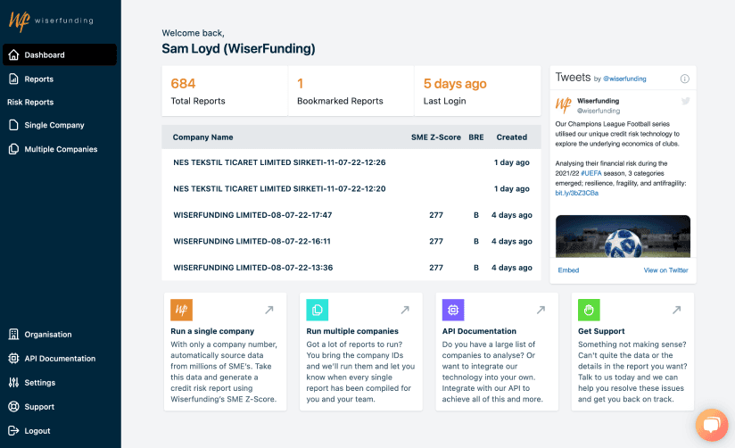 The Wiserfunding risk platform dashboard, designed and built by Antler Digital